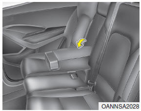 Hyundai Santa Fe: Rear seat adjustment. To use the armrest, pull it forward from the seatback.