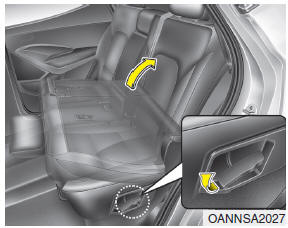Hyundai Santa Fe: Rear seat adjustment. 5. To use the rear seat, lift and pull the seatback backward by pulling on the