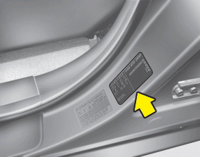Hyundai Santa Fe: Vehicle certification label. The vehicle certification label attached on the drivers side center pillar gives