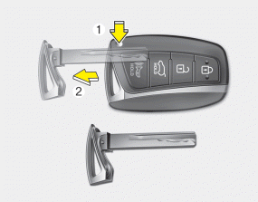 Hyundai Santa Fe: Smart key function. To remove the mechanical key, press and hold the release button(1) and remove