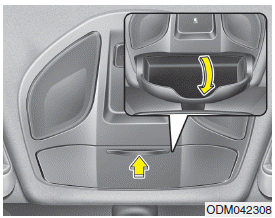 Hyundai Santa Fe: Sunglass holder. To open the sunglass holder, press the cover and the holder will slowly open.