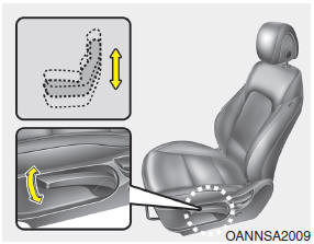 Hyundai Santa Fe: Front seat adjustment - Manual. To change the height of the seat cushion, push the lever upwards or downwards.