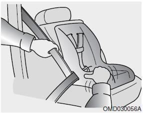 Hyundai Santa Fe: Using a child restraint system. 5. Remove as much slack from the belt as possible by pushing down on the child