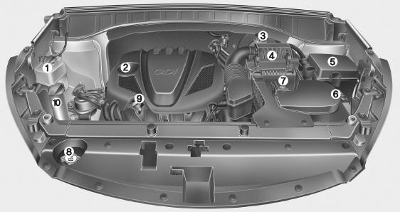 Hyundai Santa Fe: Engine compartment. Gasoline 2.4L GDI