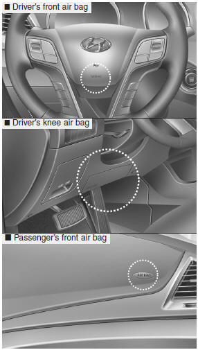 Hyundai Santa Fe: Driver's and passenger's front air bag. Your vehicle is equipped with a Supplemental Restraint (Air Bag) System and the