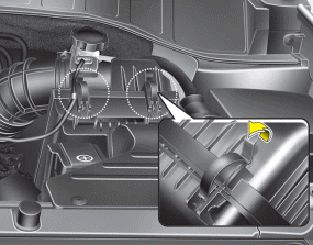 Hyundai Santa Fe: Air cleaner. 1. Loosen the air cleaner cover attaching clips and open the cover.