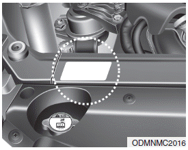 Hyundai Santa Fe: Refrigerant label. The refrigerant label is located at the front of the engine room.