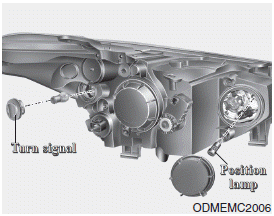 Hyundai Santa Fe: Headlamp, Front position lamp, Front turn signal lamp, Front fog lamp bulb replacement. Turn signal lamp/Position lamp