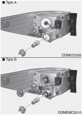 Hyundai Santa Fe: Rear combination lamp bulb replacement. 5. Remove the socket from the assembly by turning the socket counterclockwise