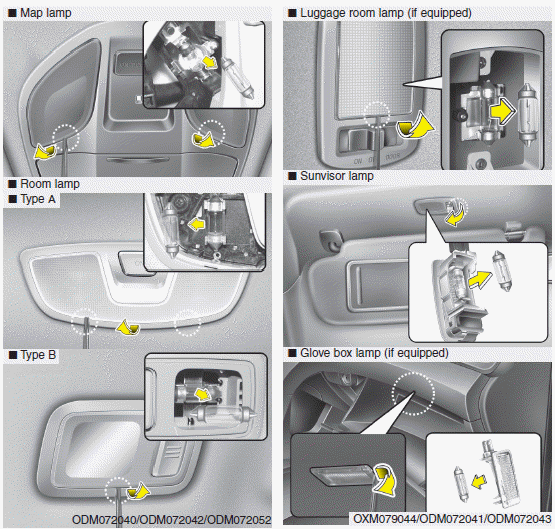 Hyundai Santa Fe: Interior lamp bulb replacement. WARNING