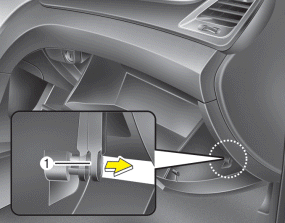 Hyundai Santa Fe: Filter replacement. 1. Open the glove box and remove the support strap (1).