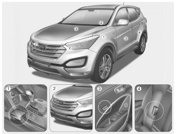 Hyundai Santa Fe: Curtain air bag. (1) SRS control module / Rollover sensor (if equipped)