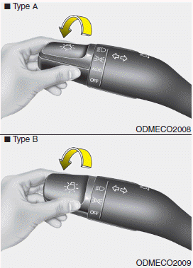 Hyundai Santa Fe: Lighting control. When the light switch is in the parking light position, the tail, position, license