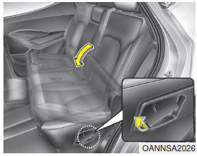 Hyundai Santa Fe: Rear seat adjustment. 4. Pull on the seatback folding lever, then fold the seat toward the front of