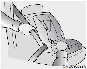 Hyundai Santa Fe: Using a child restraint system Hyundai Santa Fe: Using a child restraint system. 5. Remove as much slack from the belt as possible by pushing down on the child
