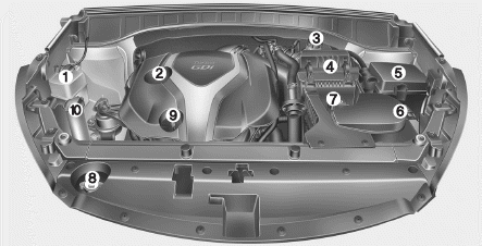 Hyundai Santa Fe: Engine compartment Hyundai Santa Fe: Engine compartment. ❈ The actual engine room in the vehicle may differ from the illustration.