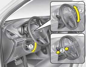 Hyundai Santa Fe: Tilt steering. To change the steering wheel angle, pull down the lock release lever (1), adjust